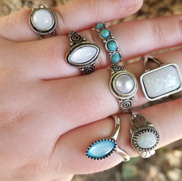 Boho Gypsy SILVER Opal Moonstone Midi Ring Set - Picture 6 of 7